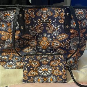 Coach Navy and Orange Floral Tote with Pouch